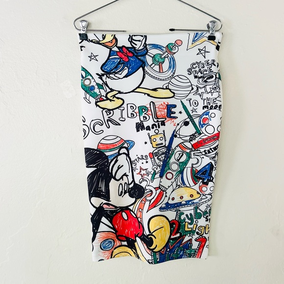 Disney Mickey Mouse Donald Duck Graffiti Scribble Print Pencil Skirt Large - Picture 1 of 4